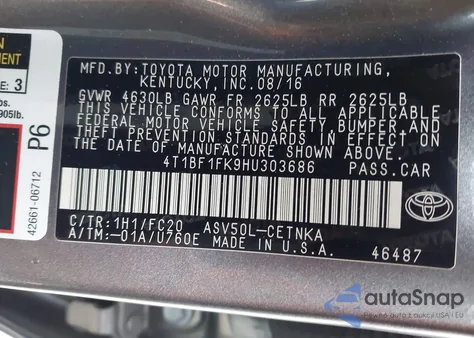 2017 Toyota Camry Le z USA, uszkodzony, nr VIN 4T1BF1FK9HU303686